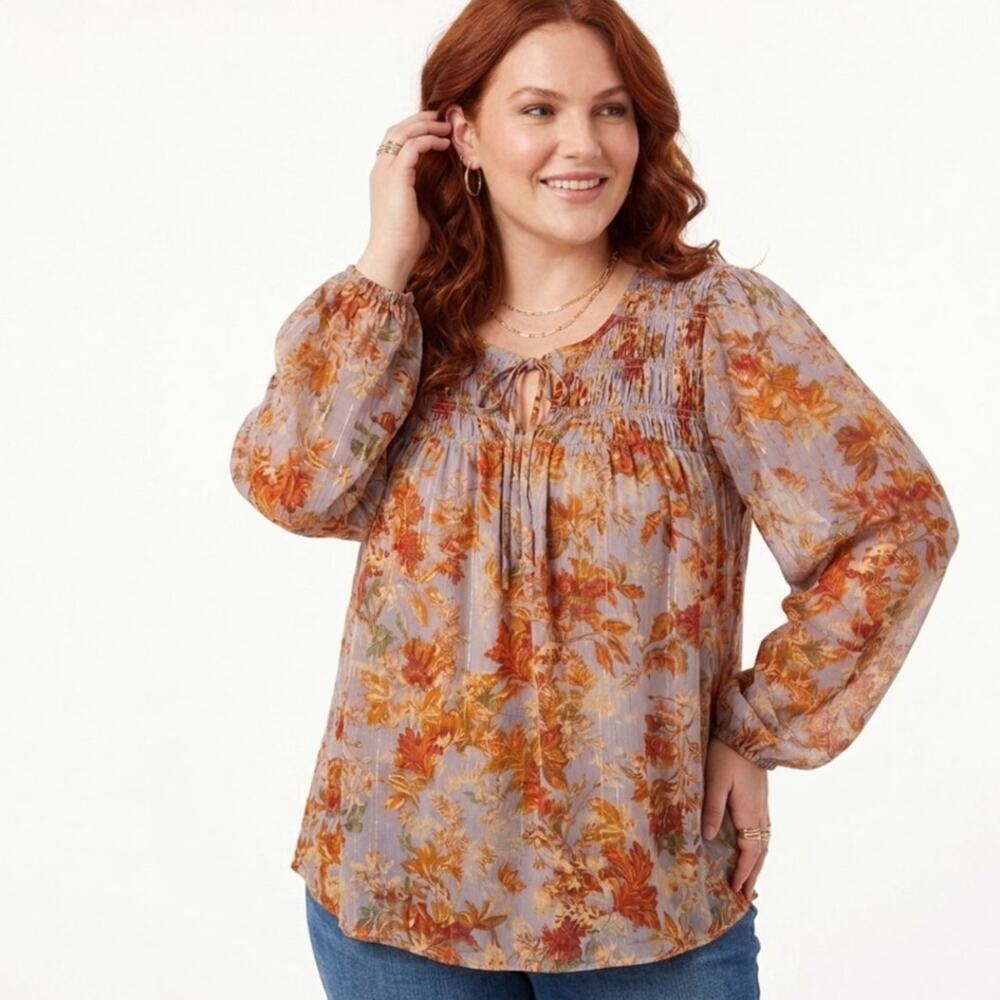Maurices Floral Peasant Top Womens Sz 1X Light Blue Rust Billowy Sleeves Blouse